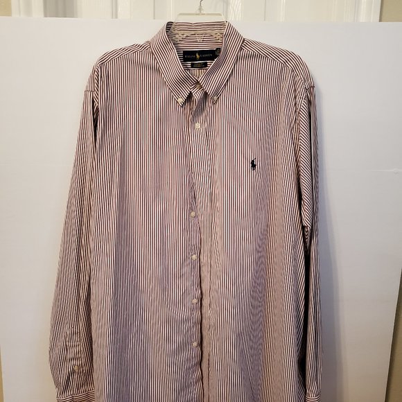 Ralph Lauren classic fit long sleeves brown/white custom fit-striped men shirt. - Picture 2 of 15